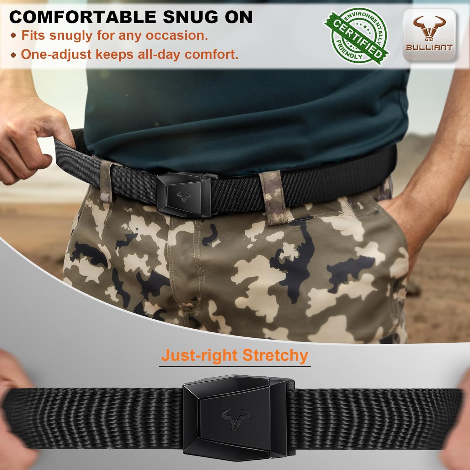 BULLIANT Men Tractical Belt,Stretch Western Rigger Web Belt For Cowboy Military Heavy Duty Hiking Hunting 1.5"-Cut For Fit - Image 5