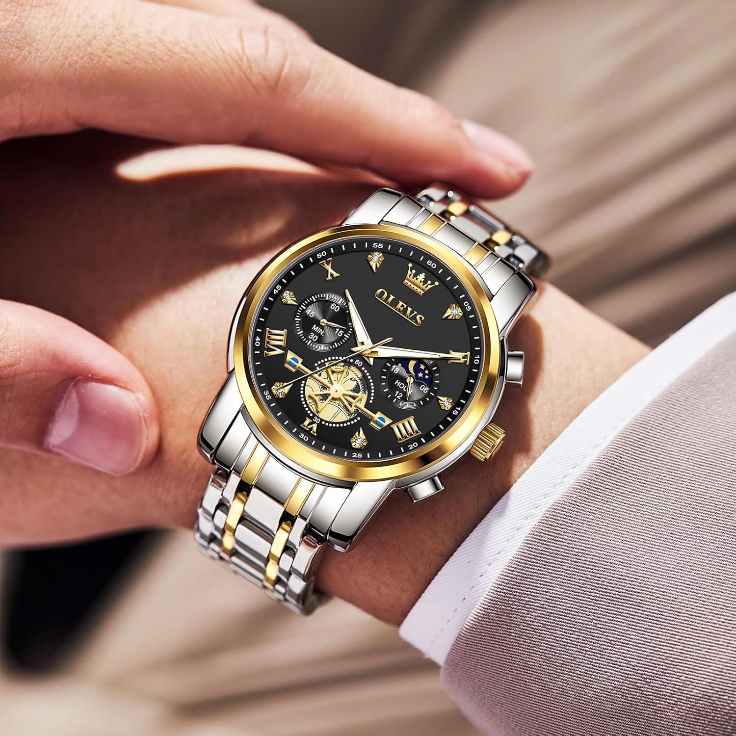 OLEVS Men Watches Stainless Steel Chronograph Watch, Large Wrist Analog Quartz Watch, Fashion Waterproof Diamond Roman Numerals Dress Watches for Men, Gold/Black/White/Blue/Grey Dial - Image 2