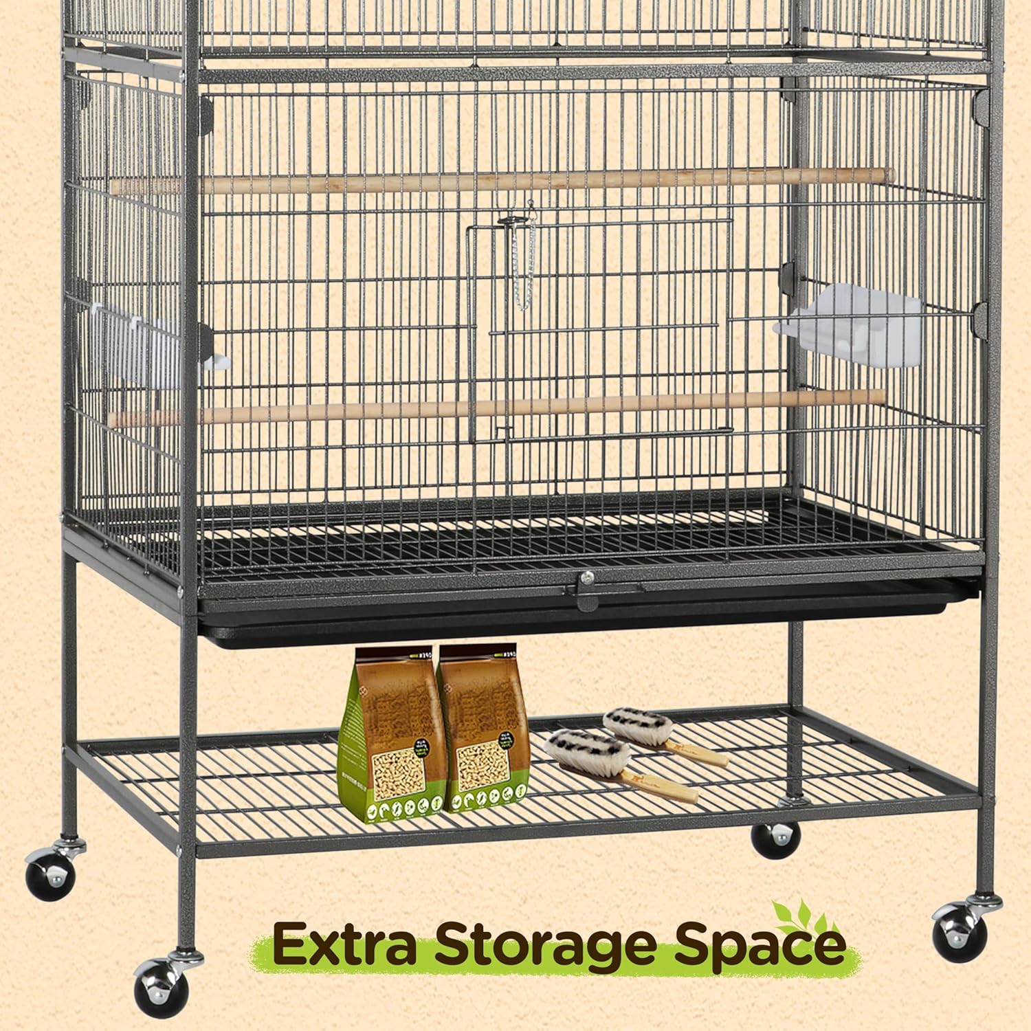 Yaheetech 52'' Bird cage w/Perches & Feeders, Large Birdcage with Pull-Out Tray, Rolling Wheels, Extra Storage, Flight Cage for Cockatiel, Parrot, Parakeet, Conure, Budgie, Pigeon Small/Medium Birds - Image 6