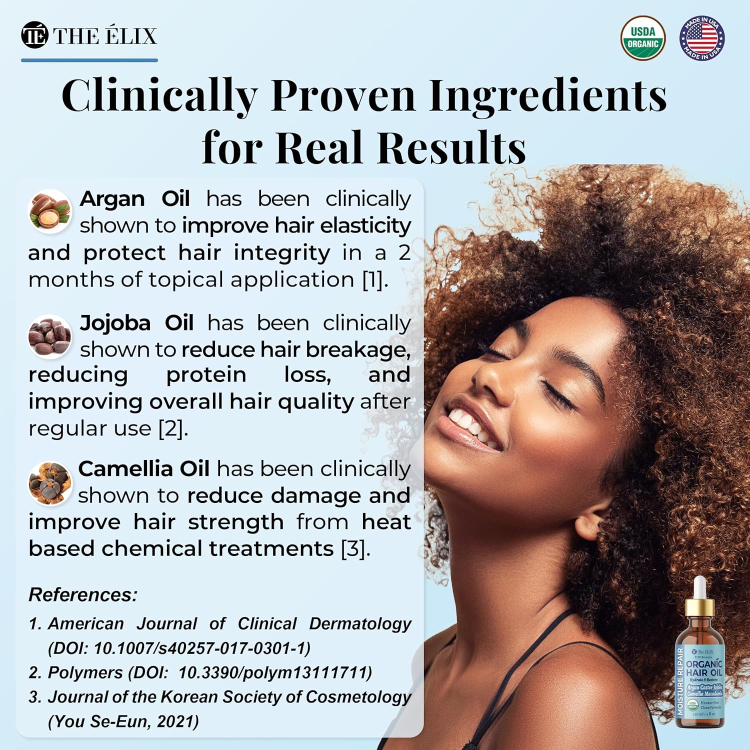 USDA Organic Hair Oil for Frizzy Hair with Argan Jojoba & Castor | Frizz Control Hair Treatment for Curly Hair | Hair Serum & Moisturizer for Dry, Damaged Hair | Cold Pressed Hair Products for Women - Image 7