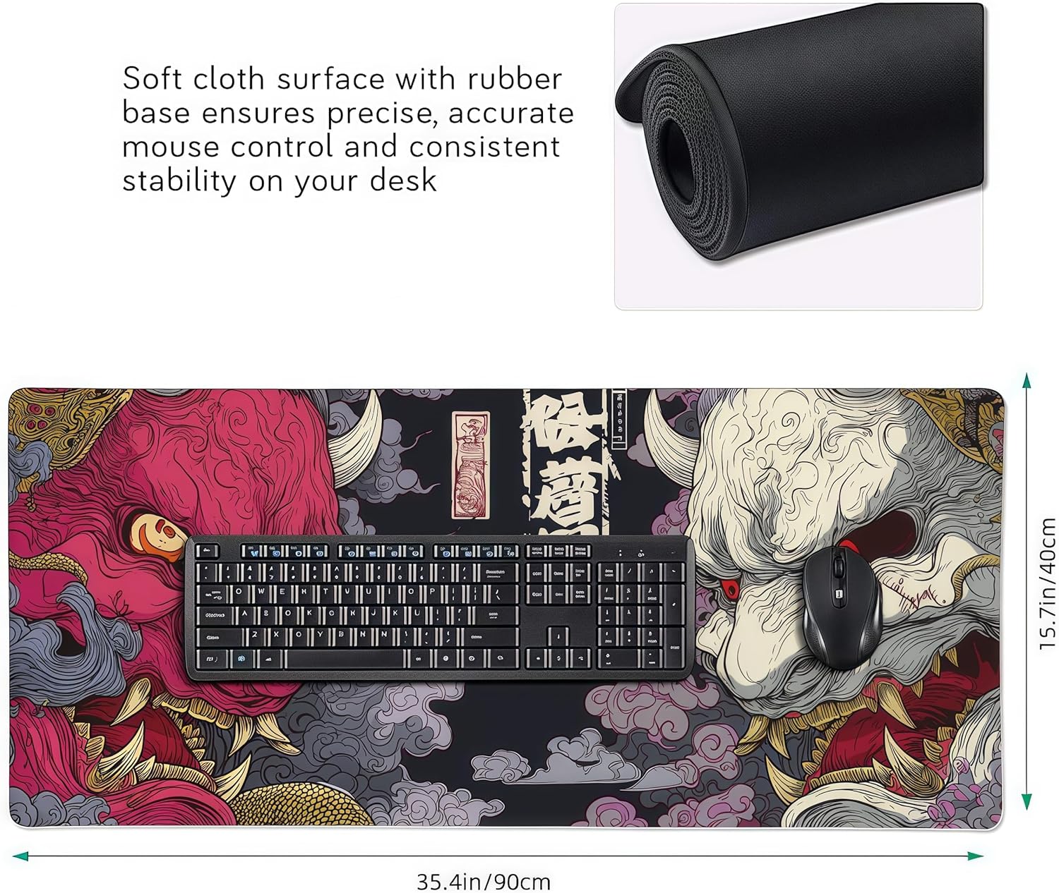 Gaming Mouse Pad, XXL Non-Slip Rubber Base, Waterproof with Stitched Edges, Japanese Demon Mask Design, 35.4 x 15.7 inches - Image 3