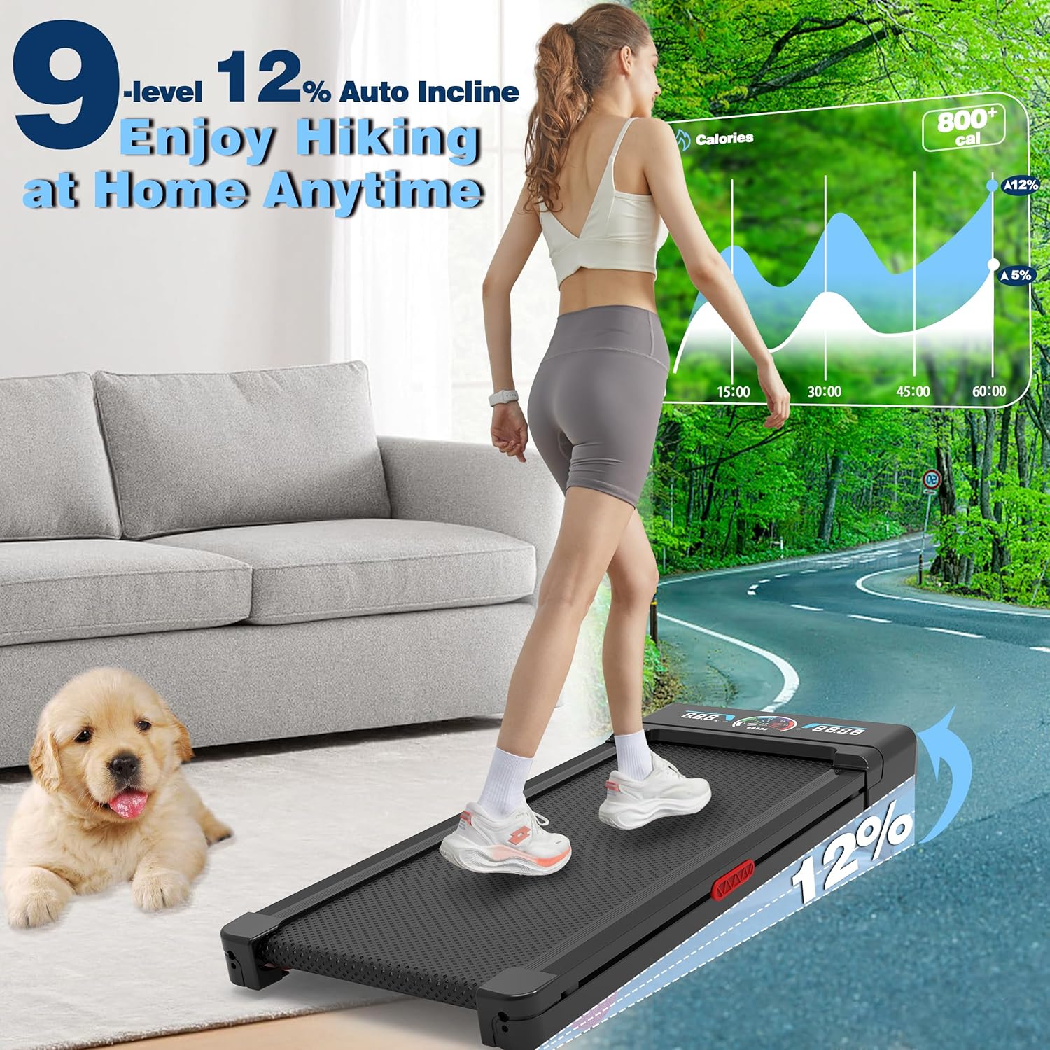 TRAILVIBER Walking Pad Treadmill with 12% 9-Level Auto Incline, 450 lbs Capacity RGB LED Screen, Bluetooth Speaker Under Desk Treadmill, Compact Treadmills for Home Hiking, Black - Image 2
