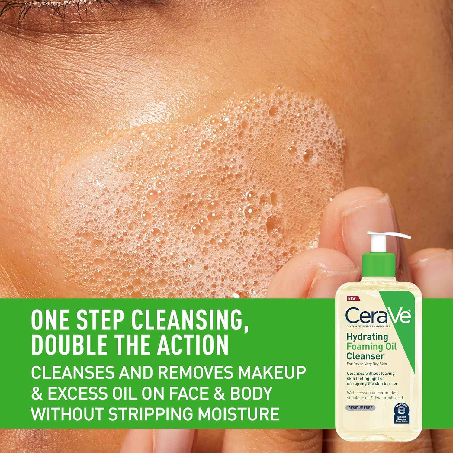 CeraVe Hydrating Foaming Oil Cleanser, Moisturizing Oil Cleanser for Face & Body, Squalane Oil + Hyaluronic Acid + Ceramides, For Dry to Very Dry Skin, Fragrance Free & Residue Free, 19 FL Oz - Image 3