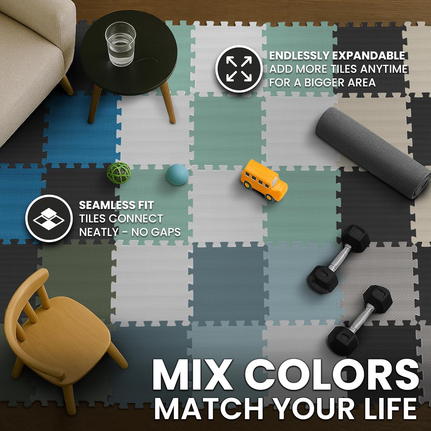 bemaxx Gym Mats Set - 18 pcs EVA Interlocking Foam Floor Tiles (12.6"x12.6"x0.4") 18sqft Protective Gym Flooring Sports Home Workout Exercise Mats Puzzle Garage Fitness Play-Room Pool Treadmill Bike - Image 10