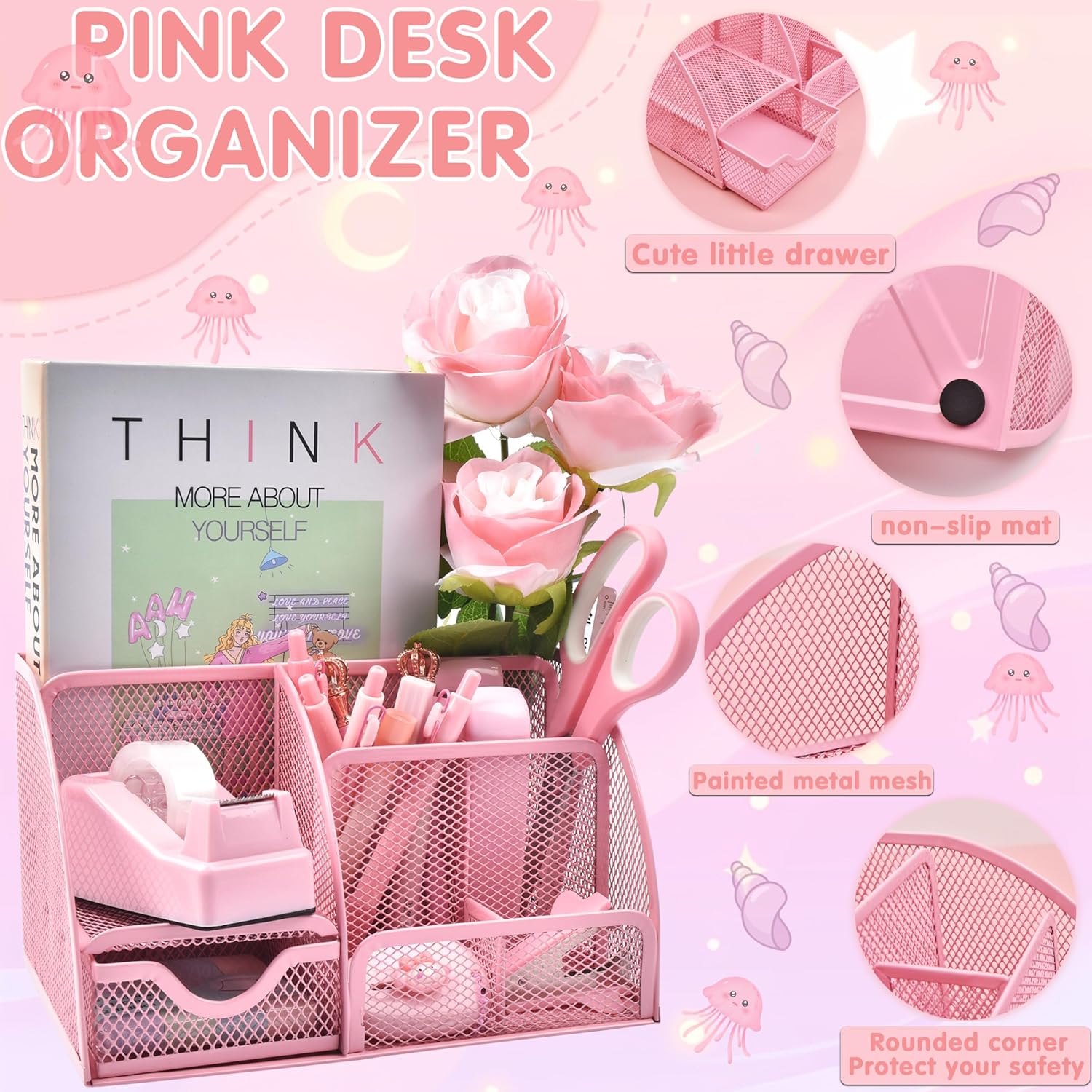 Pink Desk Accessories, 24Pcs Pink Office Supplies and Desk Organizers, with Tape Dispenser, Stapler, Staple Remover, Ect, Gift Box Packaging - Image 2
