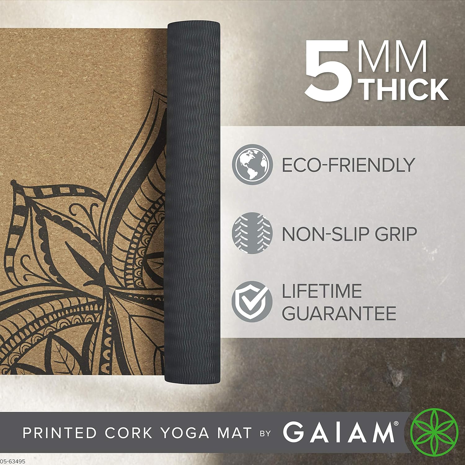 Gaiam Cork Yoga Exercise Mat | Natural Sustainable Cork Resists Sweat and Odors | Non-Slip TPE Backing Prevents Slipping| Great for Hot Yoga, Pilates, Fitness Working Out (68" x 24") - Image 2