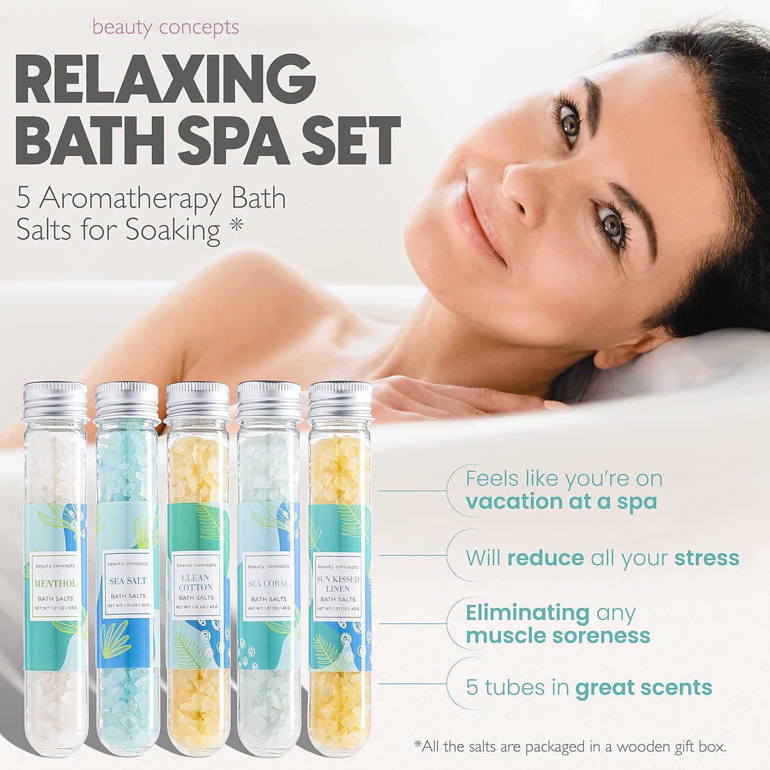 B.C. Beauty Concepts Aromatherapy Bath Salts- Epsom Salts for Soaking, Relaxing Bath Spa Set, Scented in Vanilla Almond, Shea Butter, Sweet Mint, Honey Rose, and Lavender, Relaxing Beach - Image 5