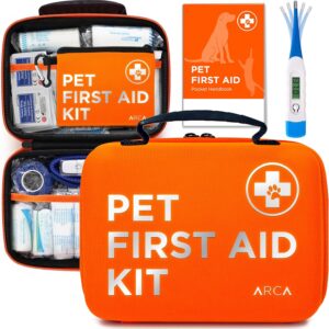 ARCA PET Cat & Dog First Aid Kit for Car – Pet Emergency Kit for Home Office Travel – Dog Camping Essentials with Digital Thermometer, Muzzle & Mini First Aid Pouch