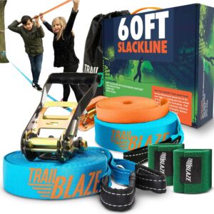 Complete Slackline Kit with Training Line – 2X 60ft Slack Lines for Backyard for Kids and Adults, Wider Tree Protectors – Ninja Slackline Kit for Kids Outdoor Play Equipment (Complete Kit – Blue)