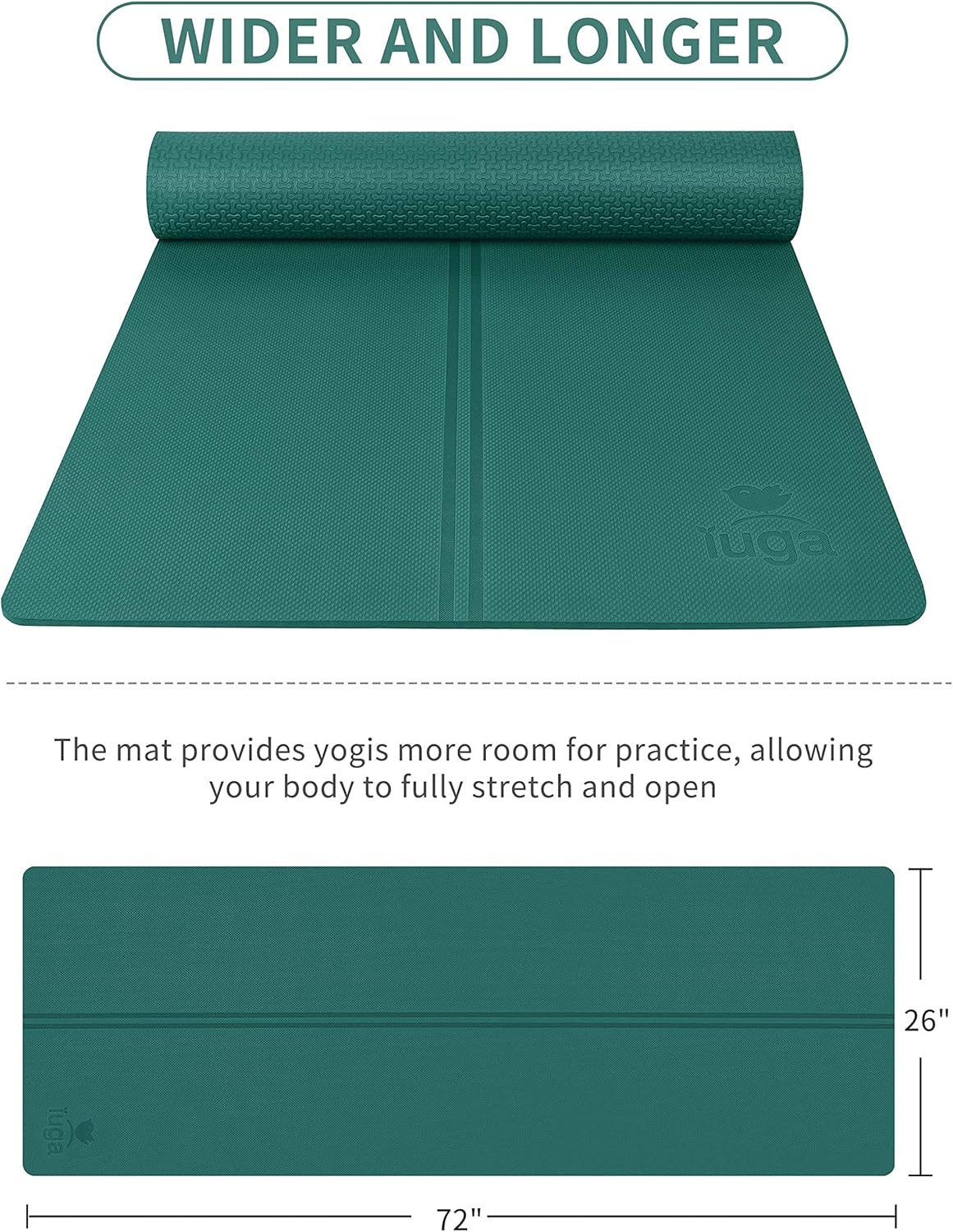IUGA Yoga Mat Non Slip with Alignment Lines, 72" x 26" Eco Friendly Yoga Mats, 1/4 Inch Thick Yoga Mat with Free Carry Strap - Image 4