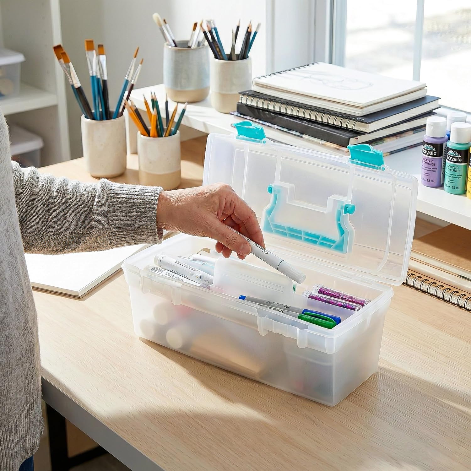 ArtBin 6937AG Essentials Lift-Out Tray Box, Portable Art & Craft Organizer with Handle and Tray, Clear/Aqua - Image 6