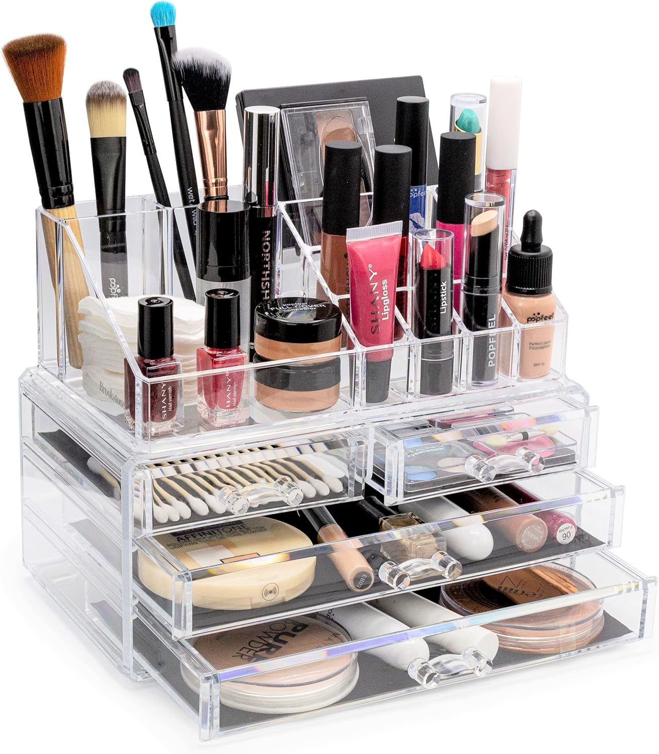 Brookstone Makeup Organizer Case - Countertop Storage With Drawers, Acrylic Cosmetic Display Box, Vanity Organizer and Makeup Holder For Accessories