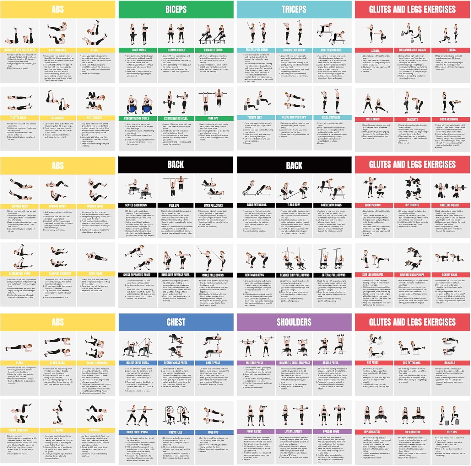 Full Body Workout Poster for Home Gym – Exercise Chart for Glutes, Legs, Back & Abs – Strength Training Guide with Squats, Lunges, Deadlifts, Core Exercises – Bodyweight & Dumbbell Training Guide