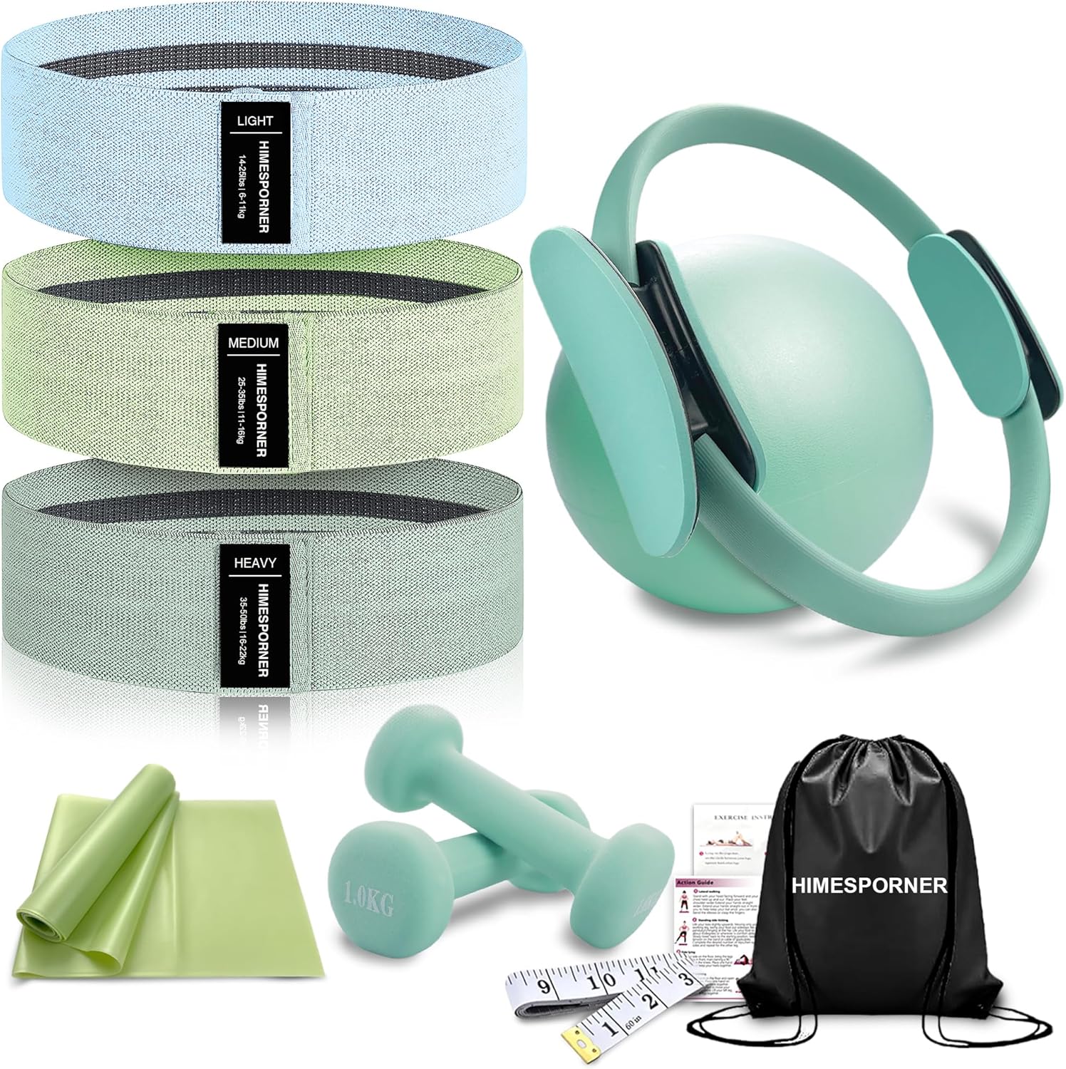 HIMESPORNER Pilates Equipment Kit for Home Workout, Pilates Ring and Ball Set with 2.2lb *2 Dumbbells, Fabric Resistance Bands, Tape Measure, Bag, Pilates Essentials Accessories for Women Yoga