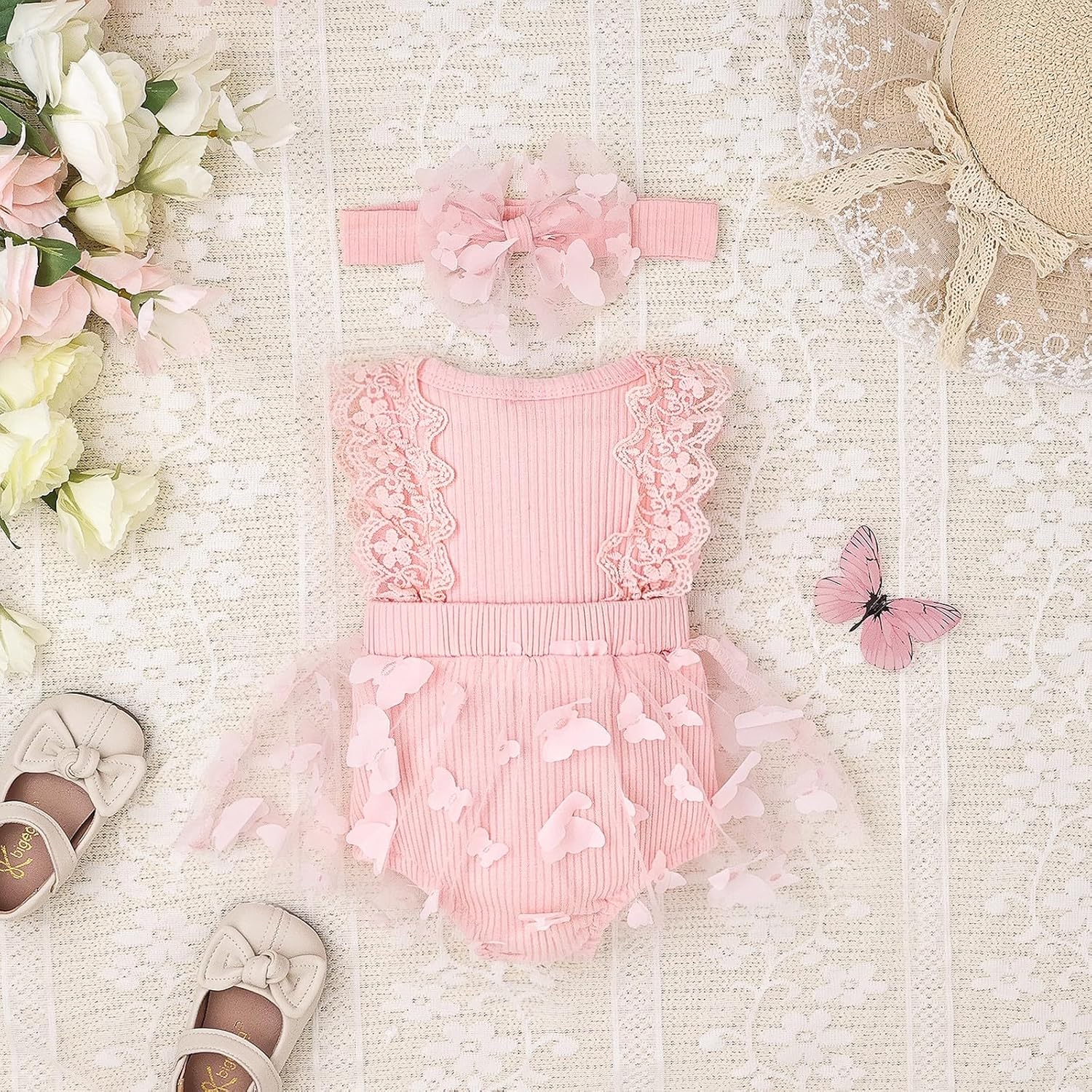 Baby Girl Summer Clothes Cute Newborn Girl Outfits Sleeveless Lace One Piece Romper + Headband 2pcs Set 0-12 Months - Image 4