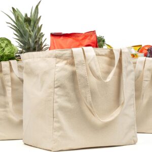 VeraMia Canvas Grocery Bag 3pc XL Set with Real Pockets, Long Shoulder Strap and Short Handle. Heavy Duty, Foldable, Washable