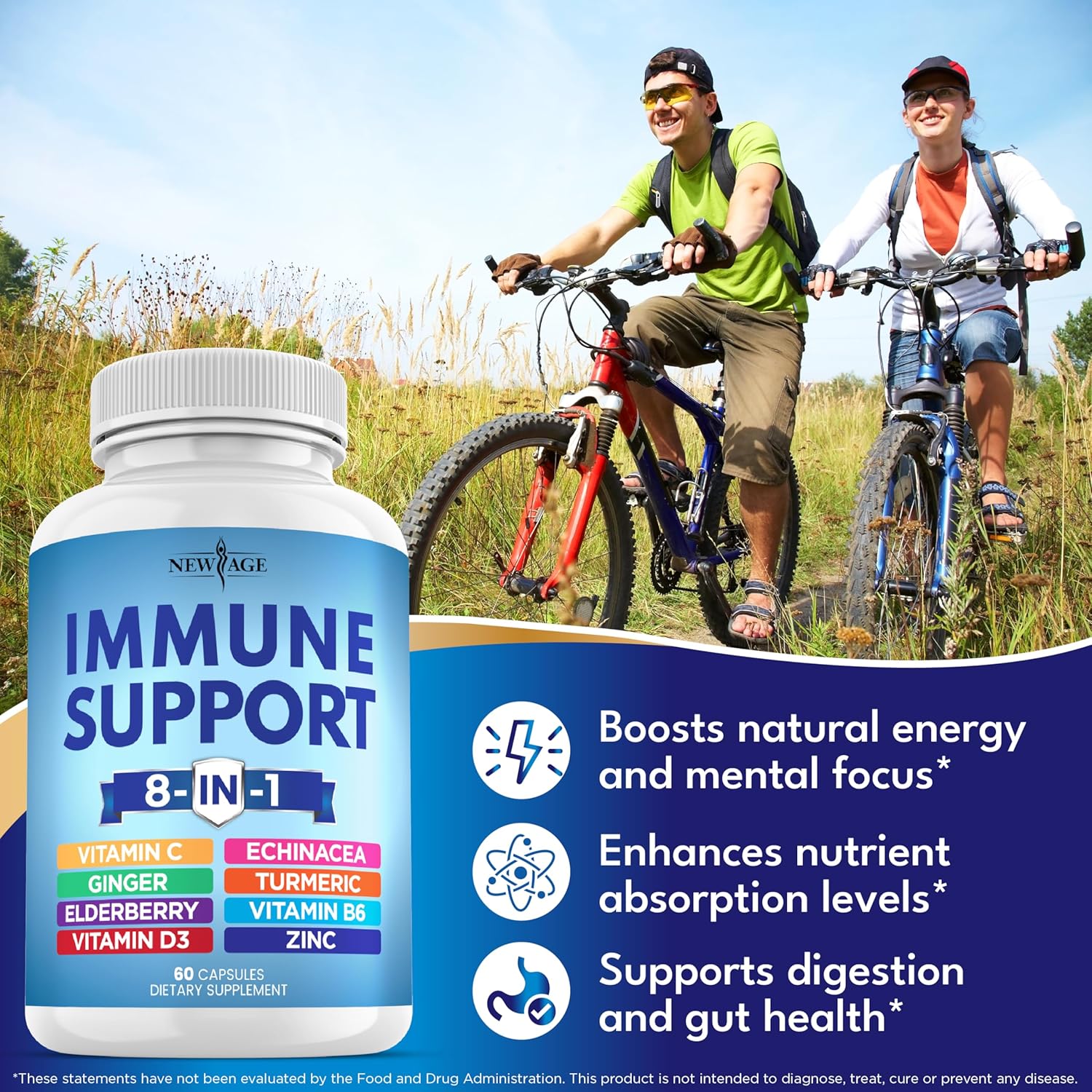 NEW AGE 8 in 1 Immune Support Booster Supplement with Echinacea, Vitamin C and Zinc 50mg, Vitamin D 5000 IU, Turmeric Curcumin & Ginger, B6, Elderberry 60 Count (Pack of 1) - Image 4