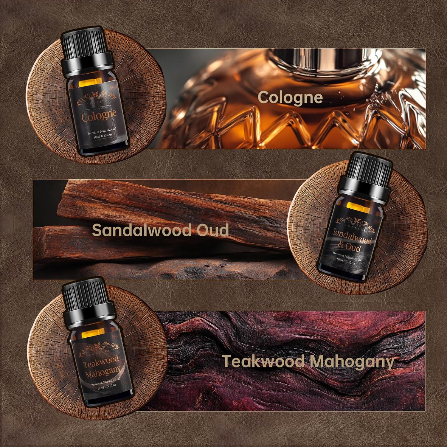 Men Essential Oils Set for Diffuser, Father's Day Gift for Men - 6x10ml Masculine Fragrance Oils for Candle Making, Scented Oil Gift Set, Mahogany, Sandalwood, Cologne, Smoke Vanilla, Oak, Leather - Image 2