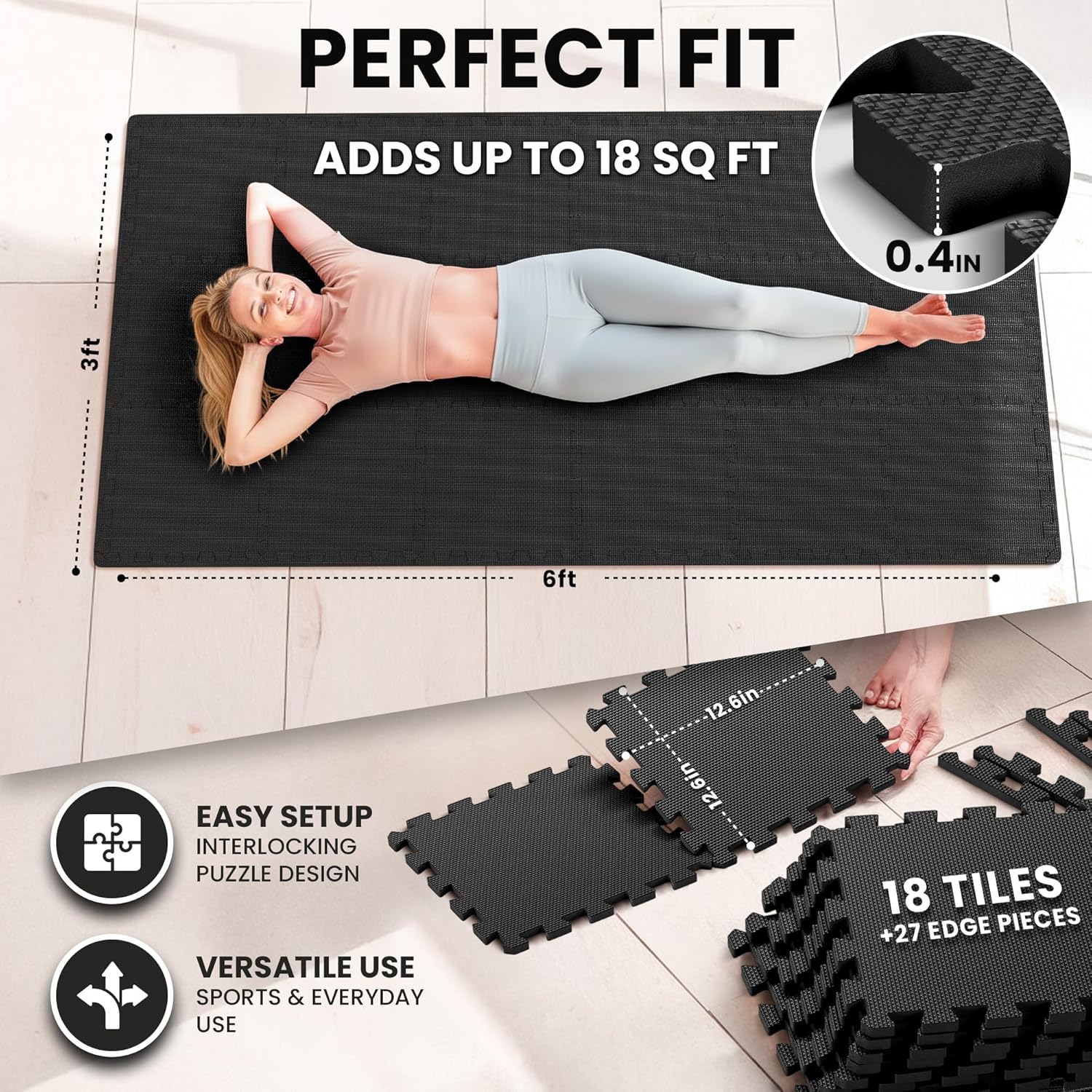 bemaxx Gym Mats Set - 18 pcs EVA Interlocking Foam Floor Tiles (12.6"x12.6"x0.4") 18sqft Protective Gym Flooring Sports Home Workout Exercise Mats Puzzle Garage Fitness Play-Room Pool Treadmill Bike - Image 2