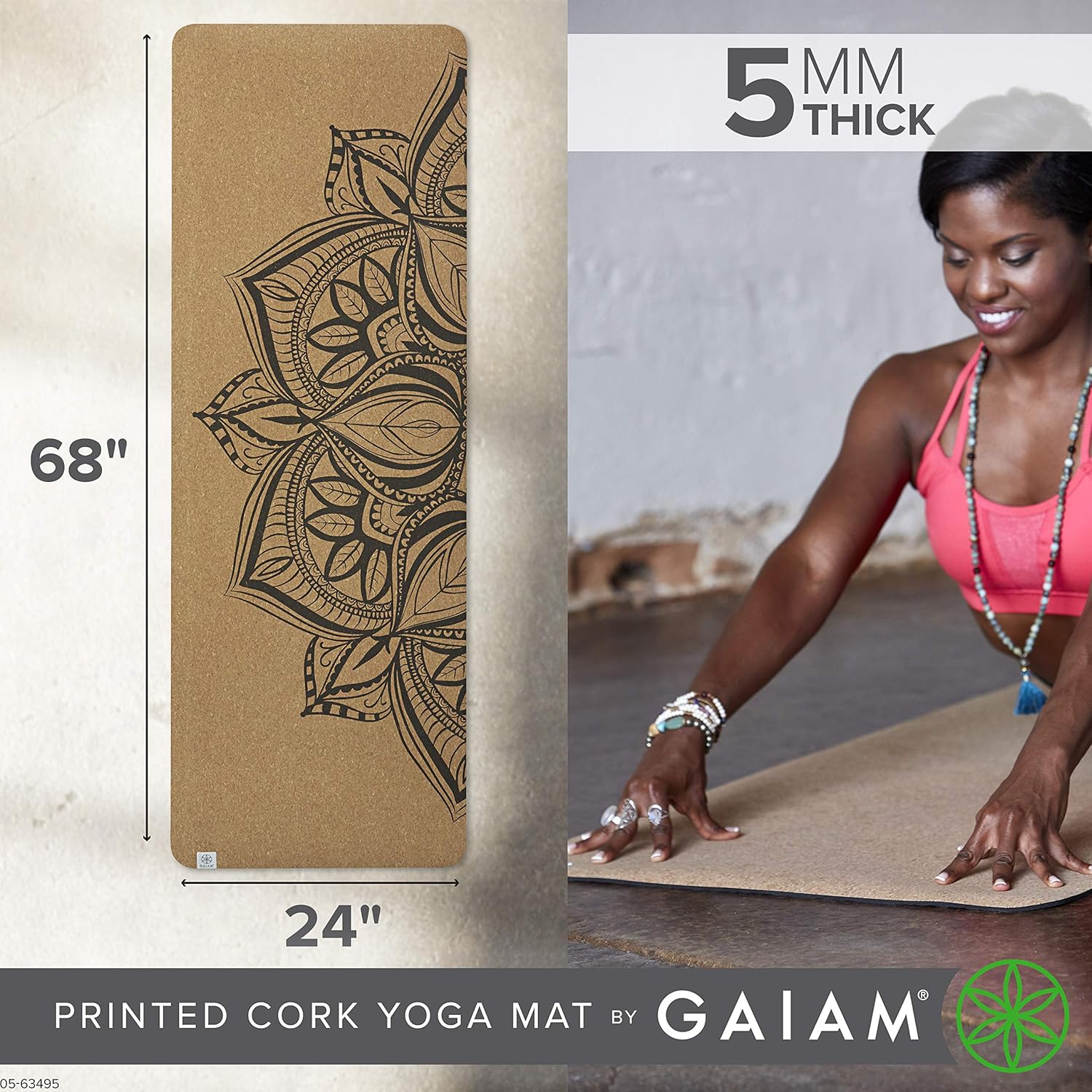 Gaiam Cork Yoga Exercise Mat | Natural Sustainable Cork Resists Sweat and Odors | Non-Slip TPE Backing Prevents Slipping| Great for Hot Yoga, Pilates, Fitness Working Out (68" x 24") - Image 3