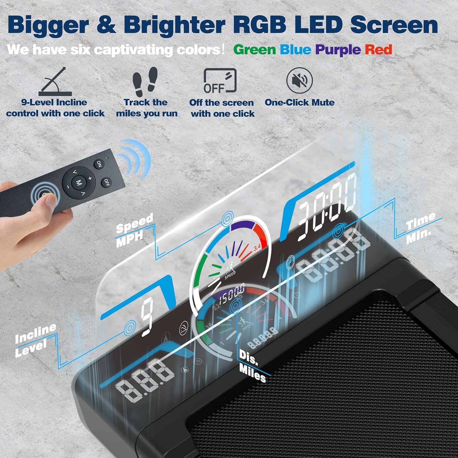 TRAILVIBER Walking Pad Treadmill with 12% 9-Level Auto Incline, 450 lbs Capacity RGB LED Screen, Bluetooth Speaker Under Desk Treadmill, Compact Treadmills for Home Hiking, Black - Image 6