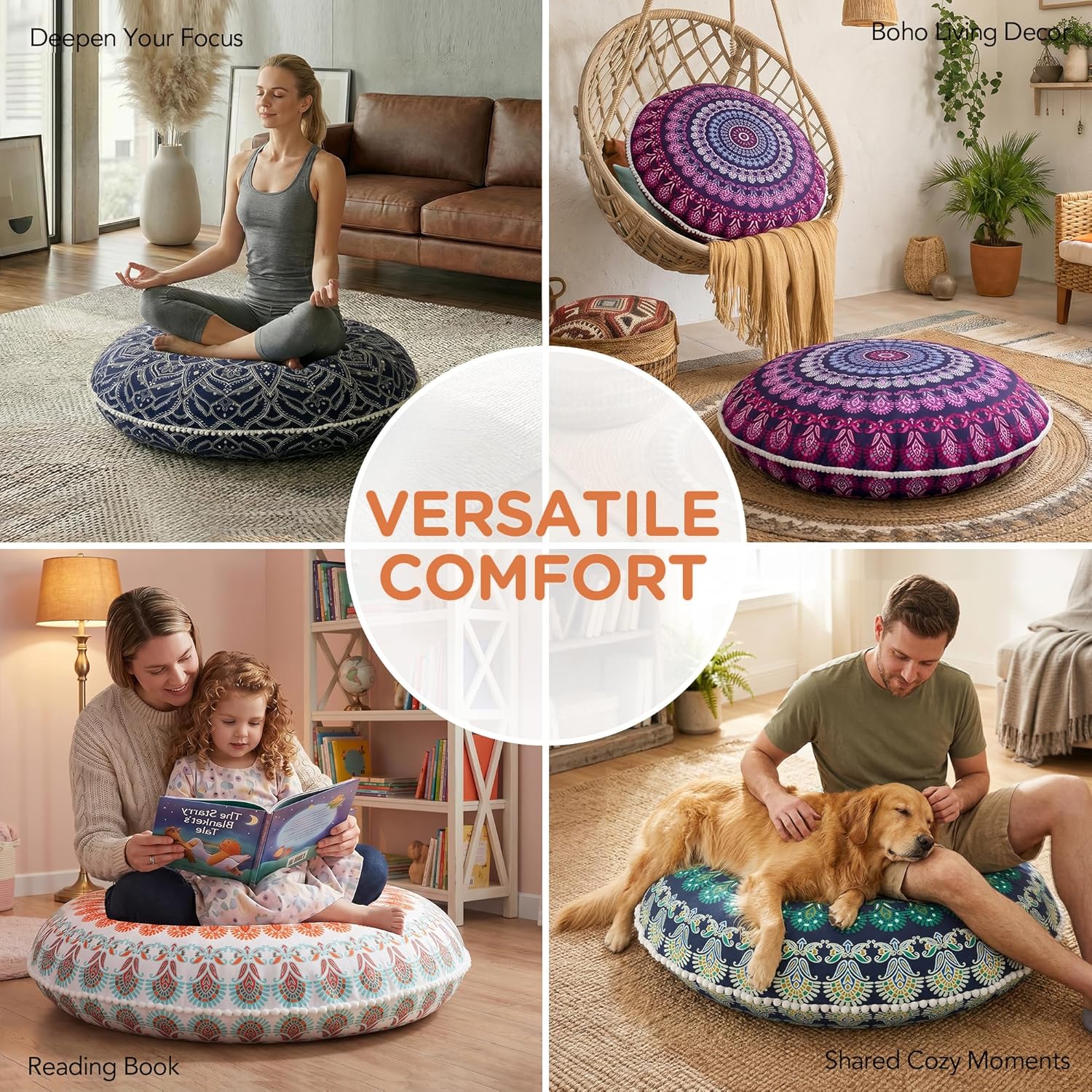 Codi Meditation Floor Pillow Set of 2, Round Large Pillows Seating for Adults, Bohemian Mandala Circle Cushion for Outdoor Fireplace Yoga Living Room, 32 Inch, Memory Foam Added, Purple Orchid NEW - Image 5