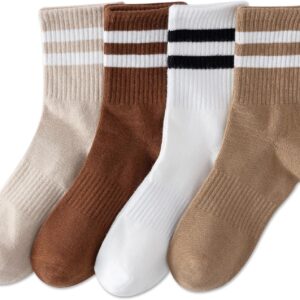 YUWELL Womens Striped Crew Socks, Cotton Cozy Casual Socks for Women 4 Pairs, Size 5-10