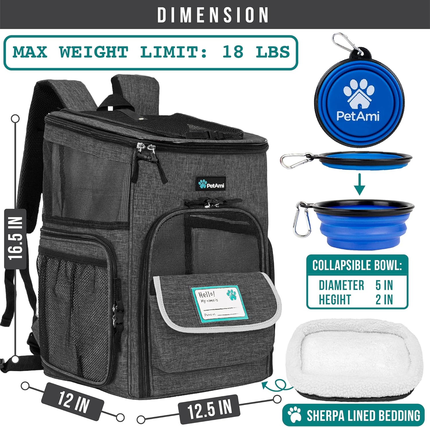PetAmi Dog Backpack Carrier, Airline Approved Cat Backpacks for Carrying Small Large Cats, Pet Carrier Back Pack, Ventilated Soft Sided for Travel, Hiking, Camping, Max 18 lbs, Charcoal - Image 6