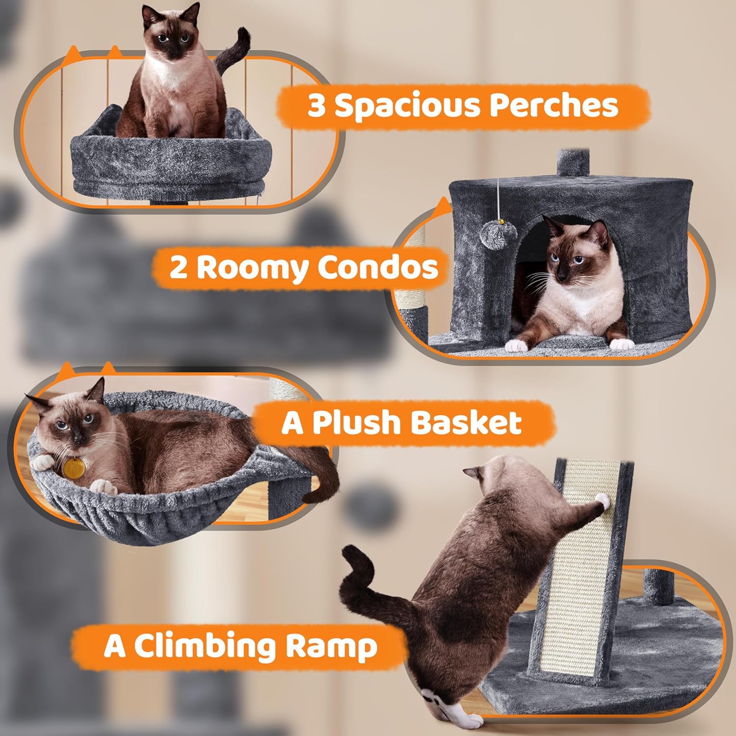 Yaheetech | 68.5in Cat Tree | for Large Cats | Multi-Level Cat Tower with 3 Wide Perches, Large Condo | Stable Pet Play House w/Sisal-Covered Scratching Posts & Board | Dark Gray - Image 4