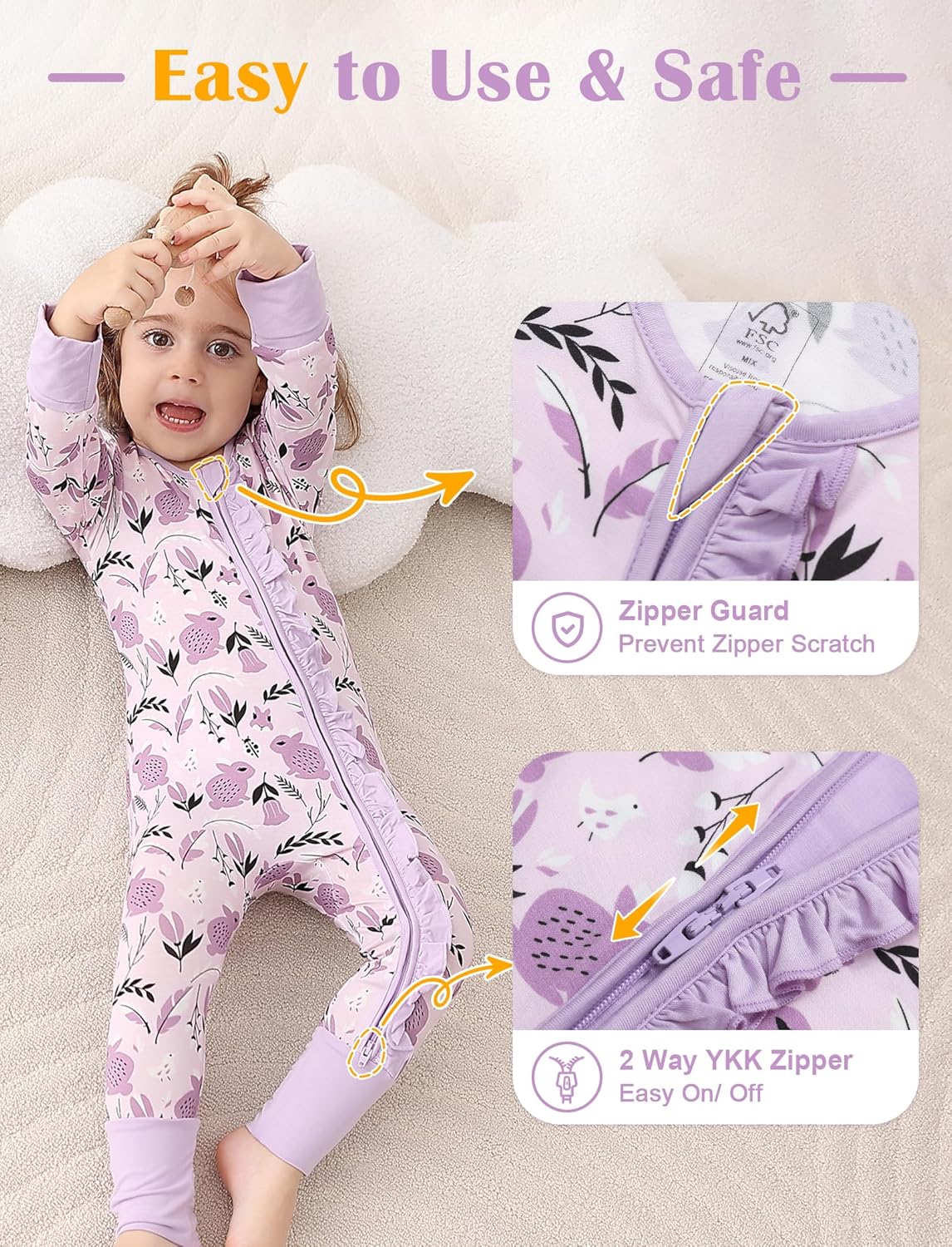 JunNeng Baby Girl Viscose from Bamboo Sleeper with Mitten Cuffs, 2 Way Zipper Romper, Sleep N' Play Pajamas 0-18 Months - Image 3