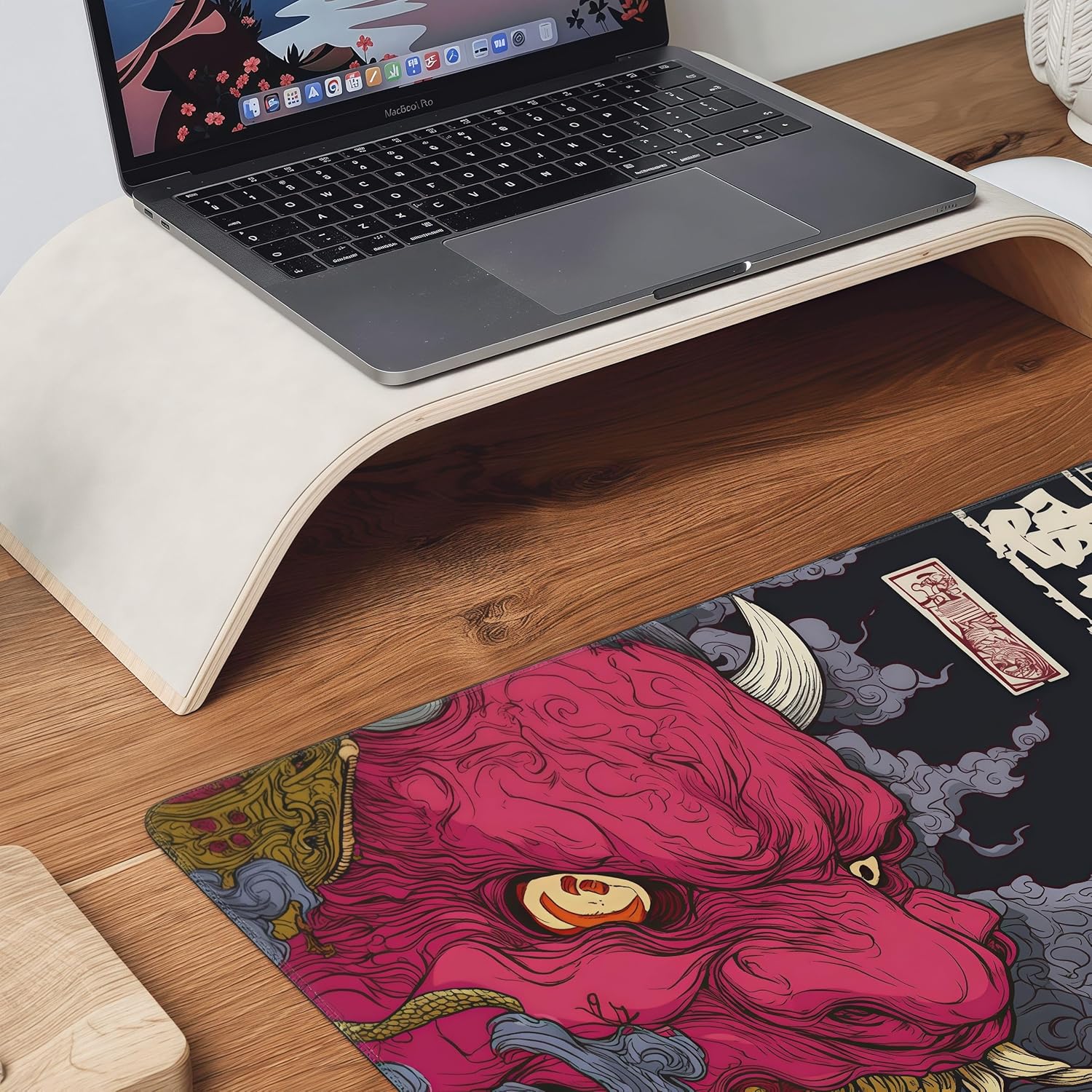 Gaming Mouse Pad, XXL Non-Slip Rubber Base, Waterproof with Stitched Edges, Japanese Demon Mask Design, 35.4 x 15.7 inches - Image 6