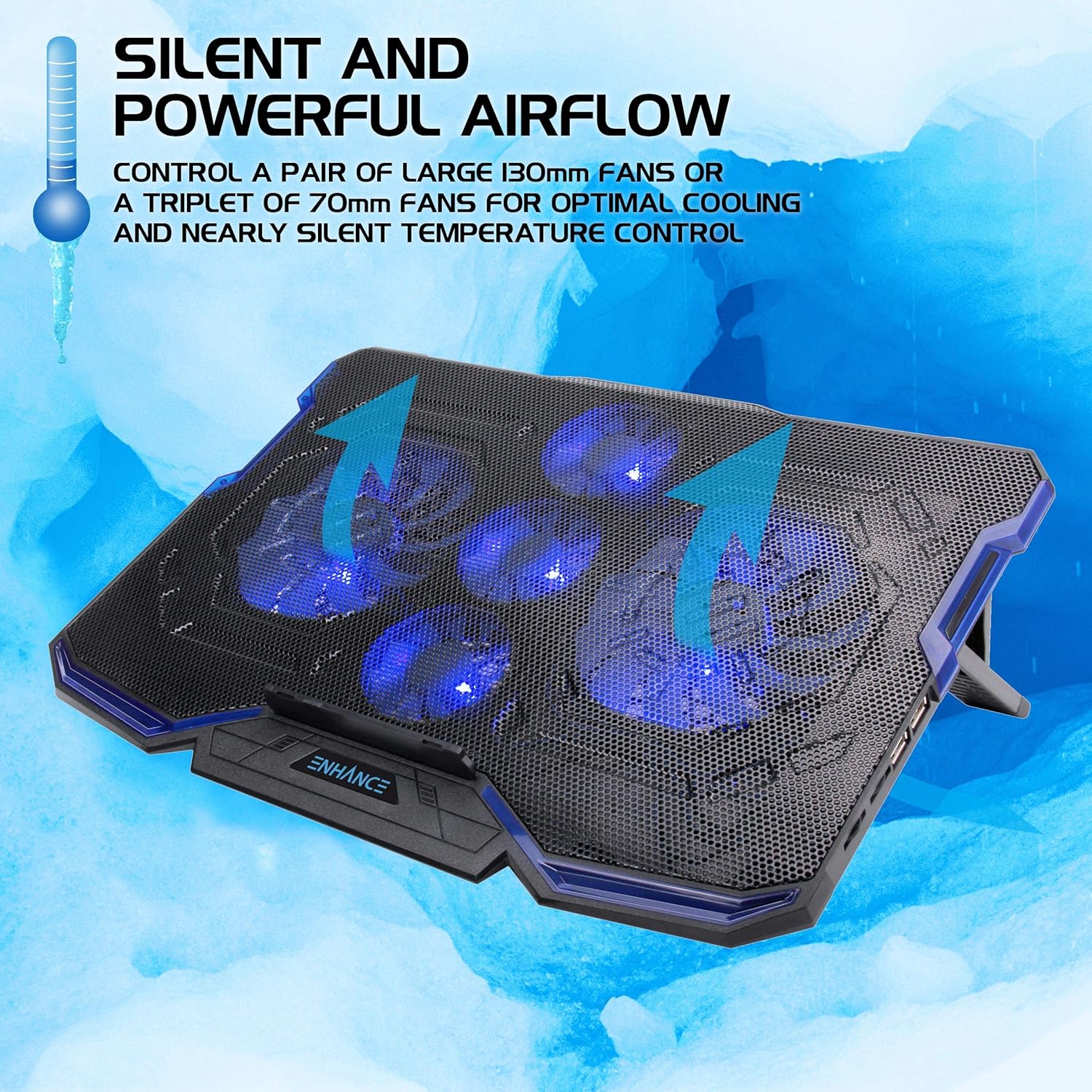 ENHANCE Cryogen Gaming Laptop Cooling Pad - Fits 17 in Computer- Adjustable Laptop Cooling Stand with 5 Quiet Cooler Fans, 2 USB Ports and LED Lighting - Slim Portable Design 2500 RPM (Blue) - Image 3