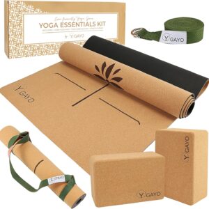 Y O Gayo Premium Cork All-in-One Yoga Essentials Kit -Large Cork Yoga Mat 5mm and Blocks Set with Carry Strap and Alignment lines, 10ft Stretch Strap, Your Ultimate Yoga Starter Set
