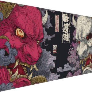Gaming Mouse Pad, XXL Non-Slip Rubber Base, Waterproof with Stitched Edges, Japanese Demon Mask Design, 35.4 x 15.7 inches