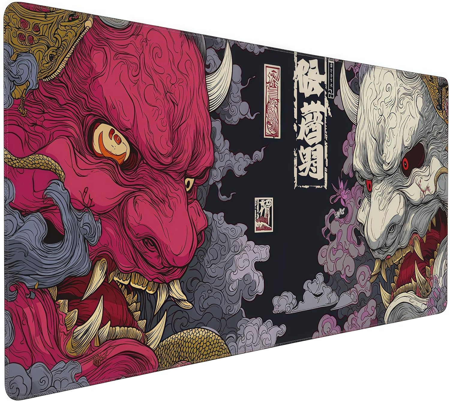 Gaming Mouse Pad, XXL Non-Slip Rubber Base, Waterproof with Stitched Edges, Japanese Demon Mask Design, 35.4 x 15.7 inches