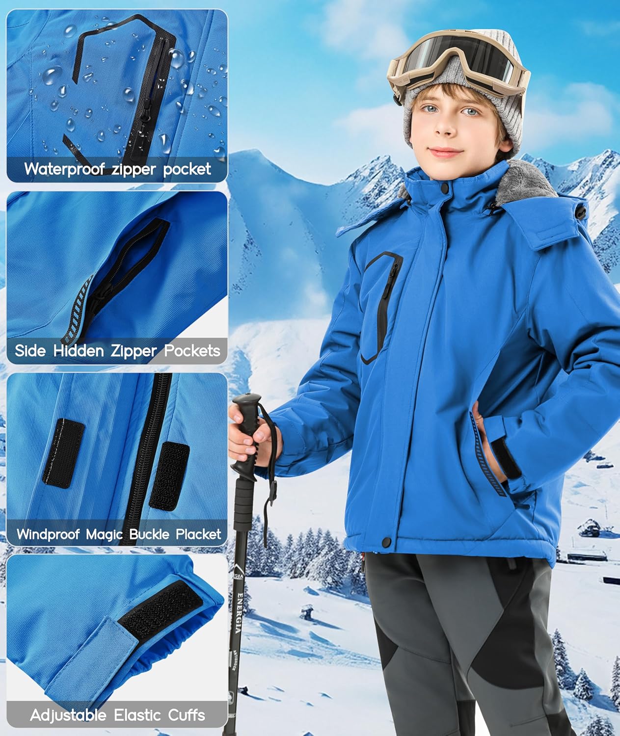 Kids Winter Jackets Warm Fleece Waterproof Snow Jacket with Zipper Pockets Detachable Hood - Image 3