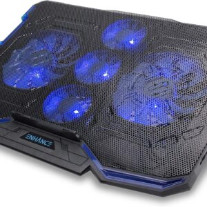 ENHANCE Cryogen Gaming Laptop Cooling Pad – Fits 17 in Computer- Adjustable Laptop Cooling Stand with 5 Quiet Cooler Fans, 2 USB Ports and LED Lighting – Slim Portable Design 2500 RPM (Blue)