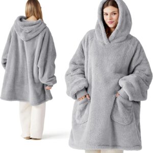 Bedsure Wearable Blanket Hoodies, Blanket Hoodie as Mothers Day Birthday Gifts for Mom Women, Warm Cozy Soft Sweatshirt Hooded Blankets for Women Men Adults, Grey, Standard
