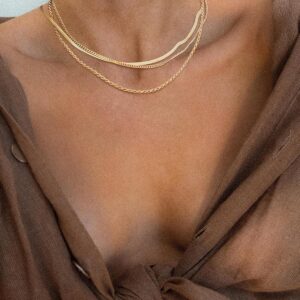 Dainty Herringbone Necklace for Women, 14K Gold Plated Snake Chain, Layered Choker, Simple Gold Jewelry.