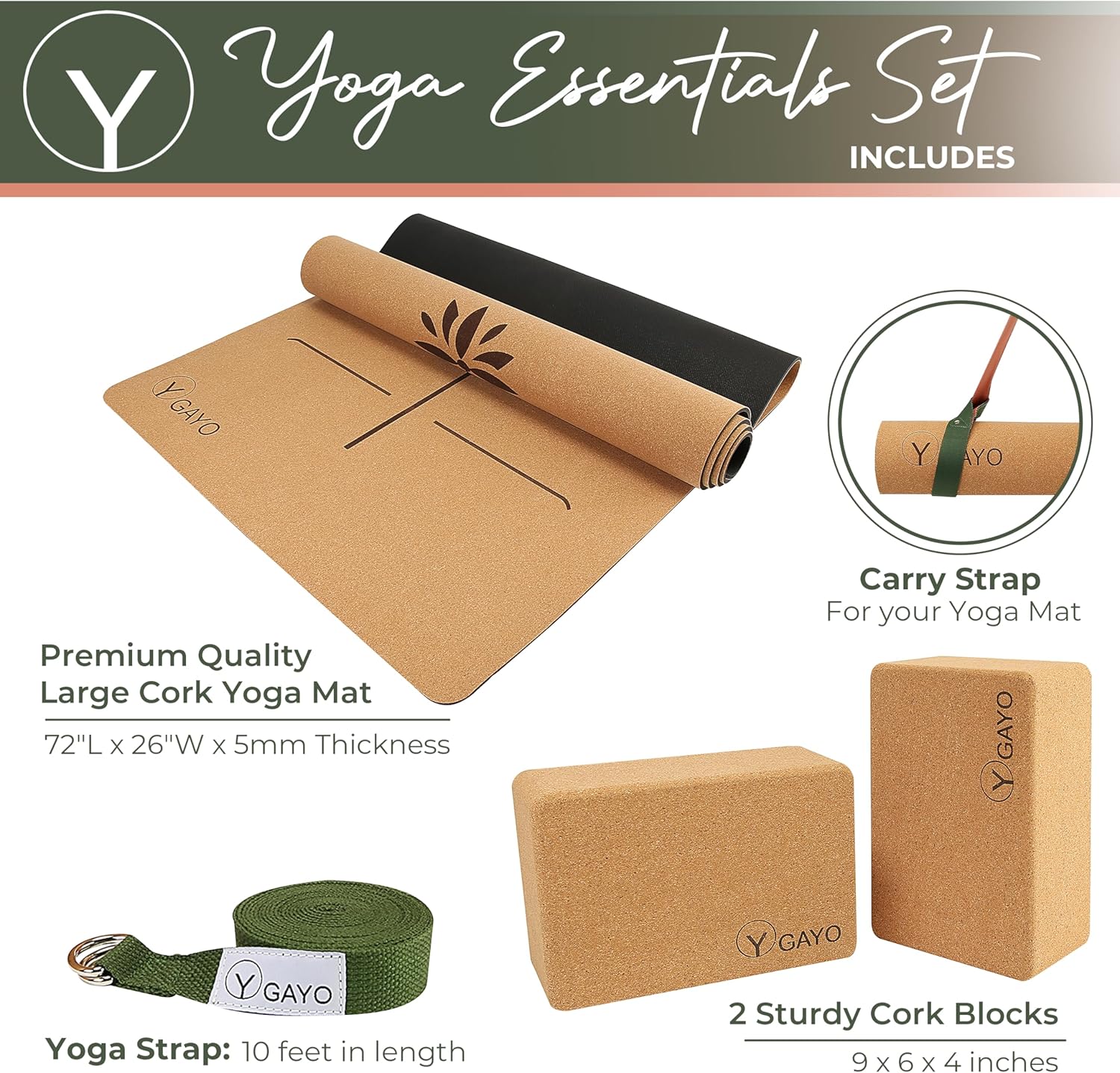 Y O Gayo Premium Cork All-in-One Yoga Essentials Kit -Large Cork Yoga Mat 5mm and Blocks Set with Carry Strap and Alignment lines, 10ft Stretch Strap, Your Ultimate Yoga Starter Set - Image 6