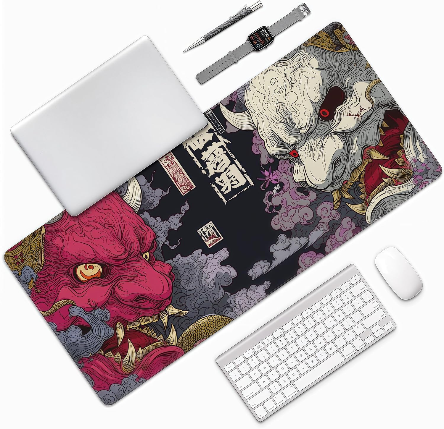 Gaming Mouse Pad, XXL Non-Slip Rubber Base, Waterproof with Stitched Edges, Japanese Demon Mask Design, 35.4 x 15.7 inches - Image 7