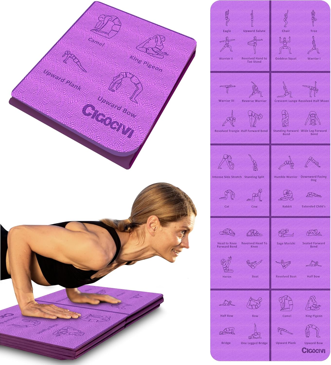 Foldable Thick Yoga Mat with Asanas Poses -Christmas Gifts for Wife and Girls, Non-slip 8mm Thicken Instructional Exercise Mat for Home Workout, 72"x24"x0.3" (Purple) 