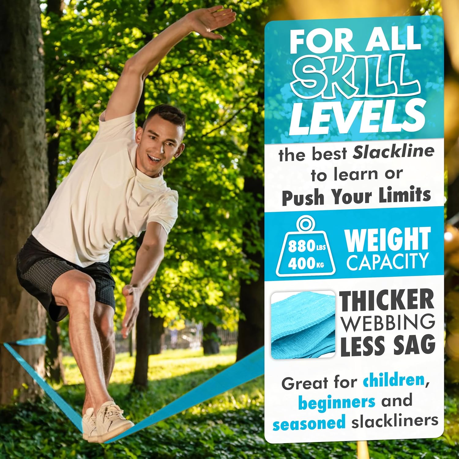 Complete Slackline Kit with Training Line - 2X 60ft Slack Lines for Backyard for Kids and Adults, Wider Tree Protectors - Ninja Slackline Kit for Kids Outdoor Play Equipment (Complete Kit - Blue) - Image 7