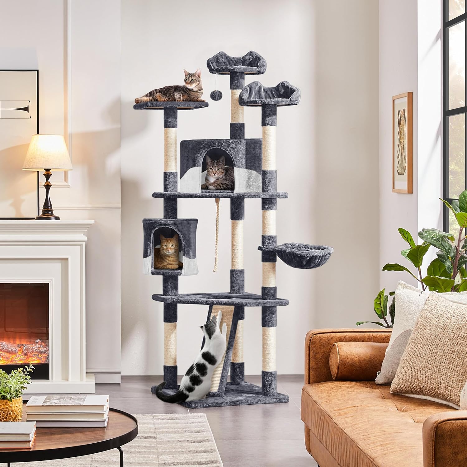 Yaheetech 79in Multi-Level Cat Trees Indoor Cat Tower with Sisal-Covered Scratching Posts, Plush Perches and Condo for Kittens, Cats and Pets - Dark Gray and White - Image 2