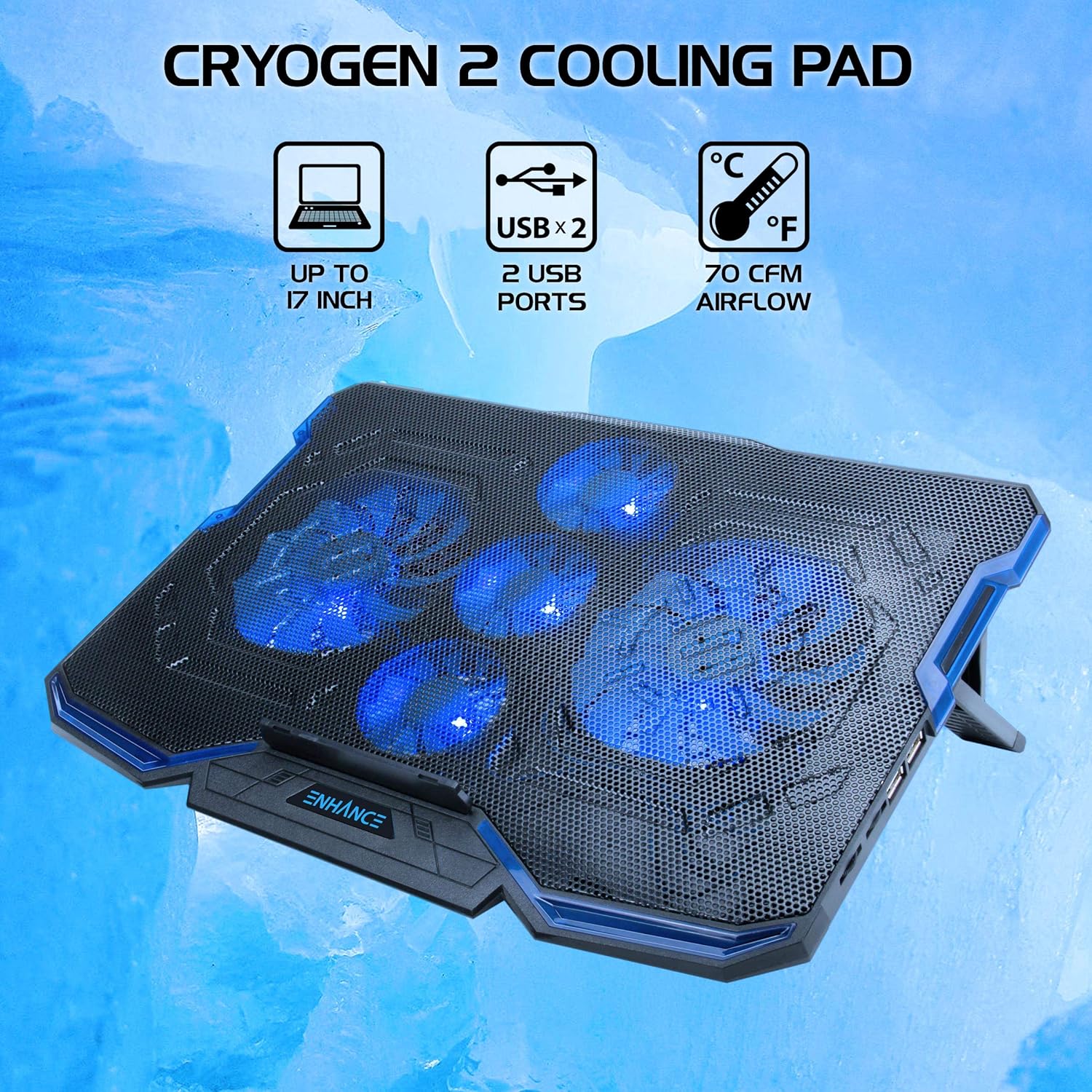 ENHANCE Cryogen Gaming Laptop Cooling Pad - Fits 17 in Computer- Adjustable Laptop Cooling Stand with 5 Quiet Cooler Fans, 2 USB Ports and LED Lighting - Slim Portable Design 2500 RPM (Blue) - Image 2