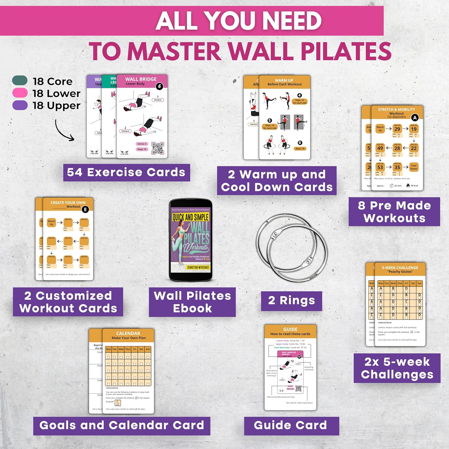 Wall Pilates Workouts for Women – 66 Exercise Cards with Videos & Workout Plan – Includes 5-Week Challenge, E-book, Chart & 2 Rings for Easy Organization – Home Pilates Workout Guide - Image 7